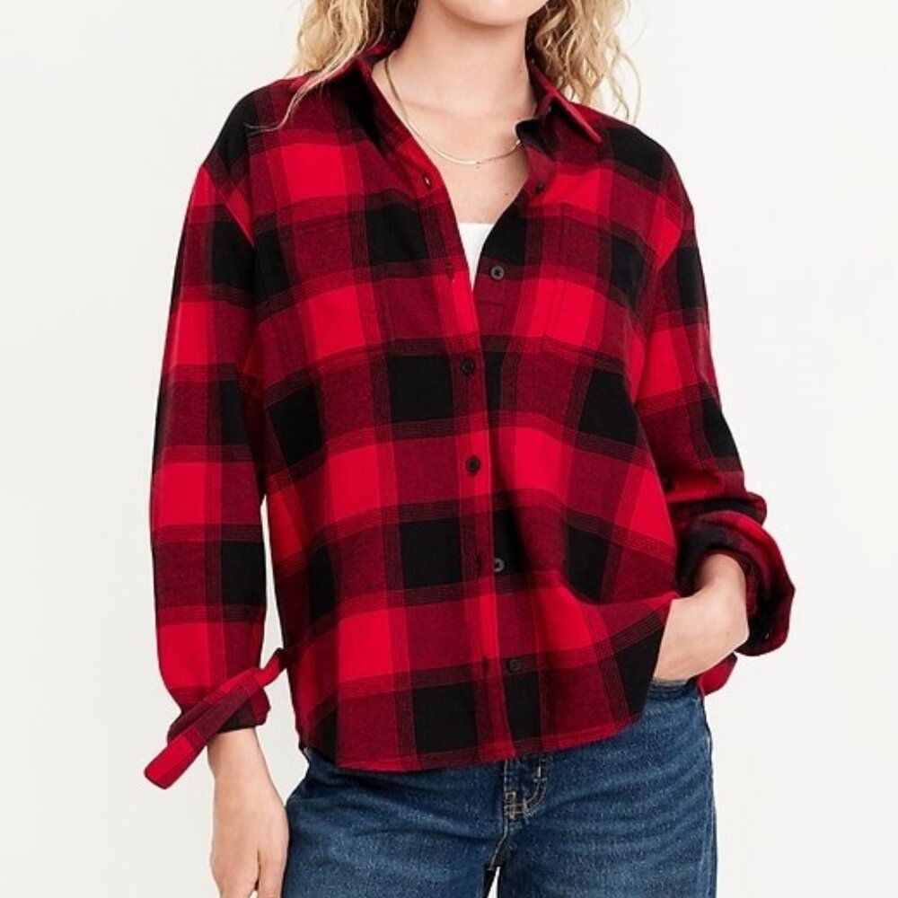 Old Navy Buffalo Check Flannel Boyfriend Shirt Button Down Top Red Plaid Size PM